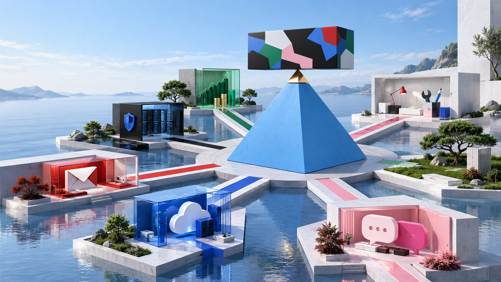 A sky-blue balance pyramid connecting the STABILIZER finance, cybersecurity, email, cloud, messaging and services ecosystem